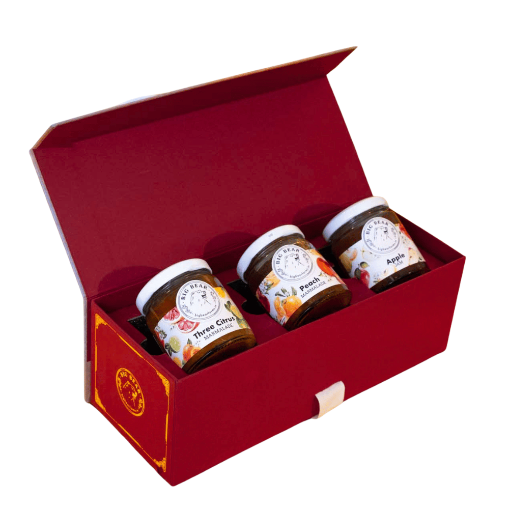 POSTCARD GIFT BOX with Three Citrus Marmalade, Peach Marmalade, Apple Jam 120g - Big Bear Farms