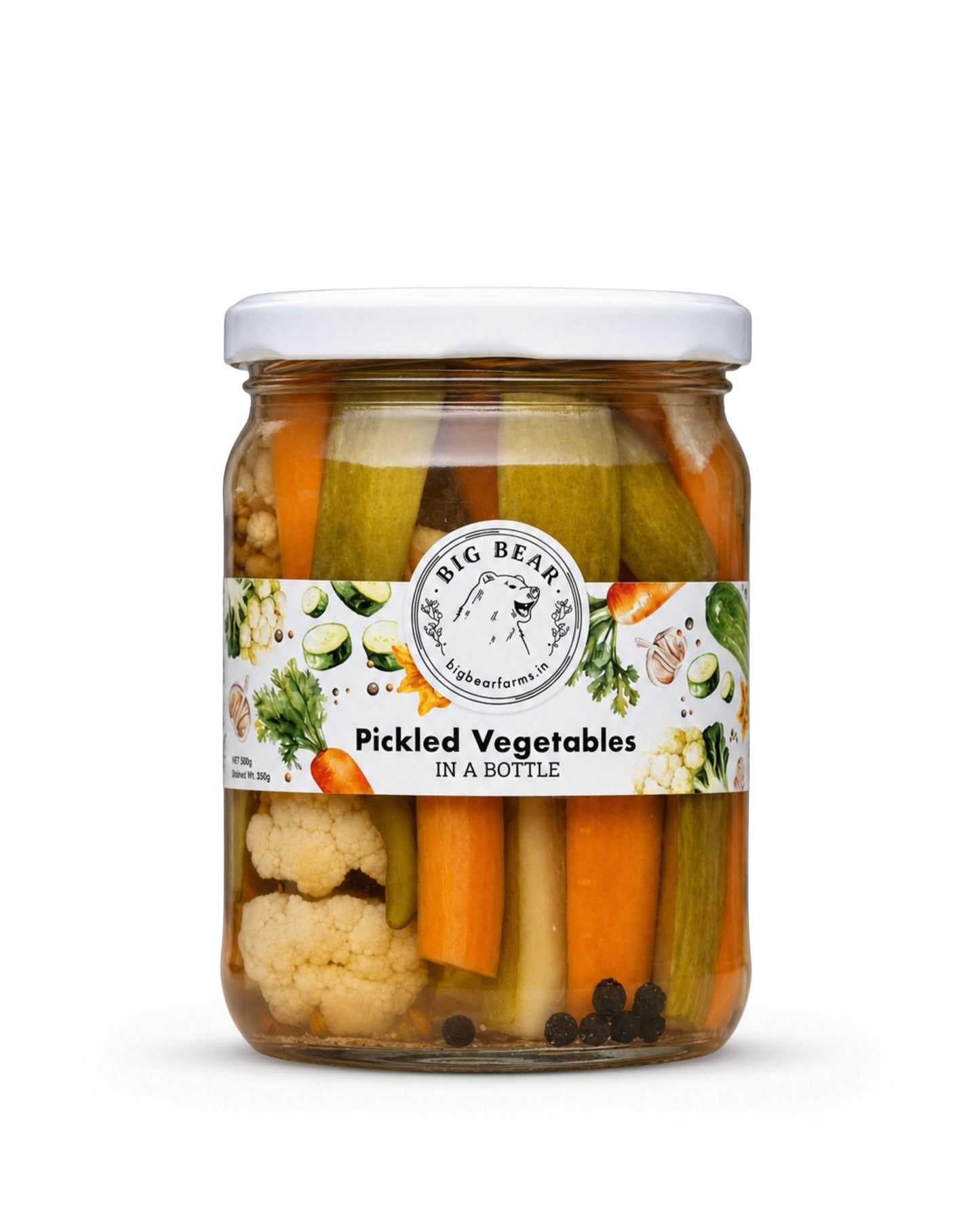 A glass jar of Big Bear Farms Pickled Vegetables in a Bottle, featuring visible carrots, cauliflower, cucumber and pickled greens inside, with a white lid and a white label.