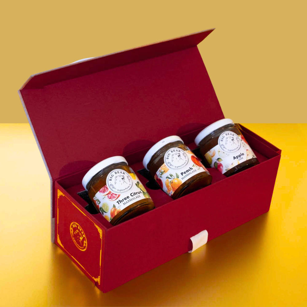 POSTCARD GIFT BOX with Three Citrus Marmalade, Peach Marmalade, Apple Jam 120g - Big Bear Farms