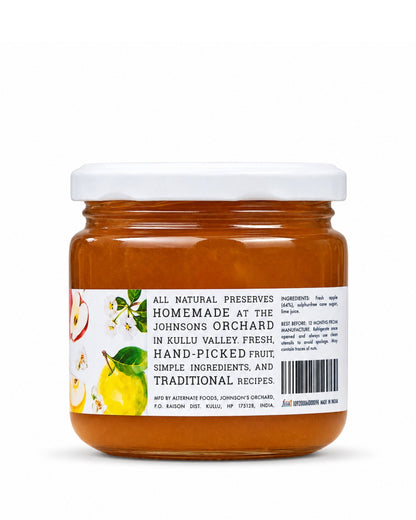 A jar of Big Bear Farms Apple jam with a white lid and a white label featuring illustrations of red and yellow apples, set against a plain white background.