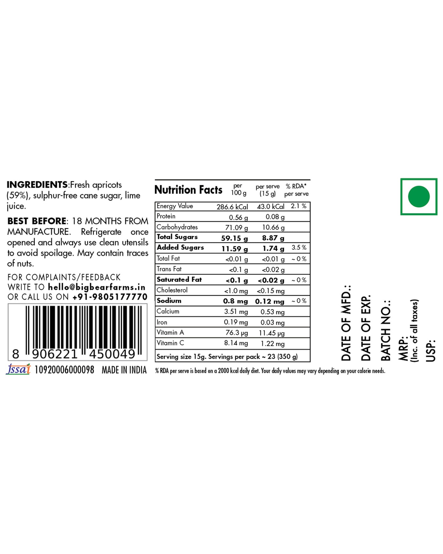 Apricot Jam 350g - Big Bear Farms
