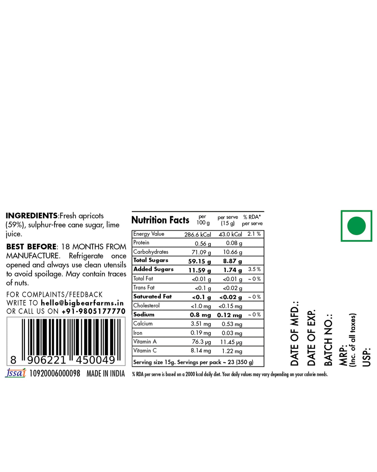 A white rectangular label with printed product information for Big Bear Farms Apricot Jam, nutrition facts, ingredients, and a green circular logo, shown against a black background.