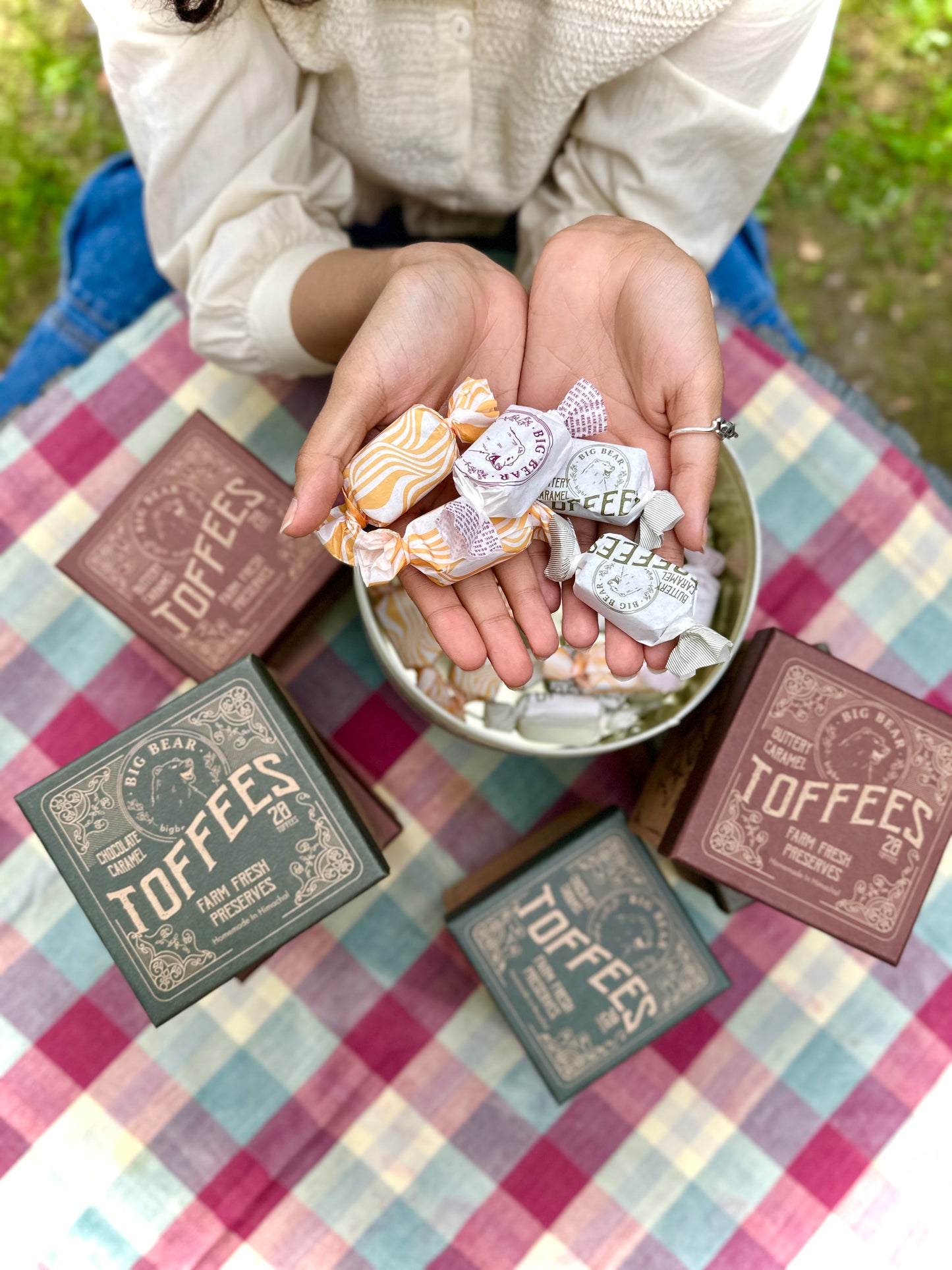 big bear farms toffees - chocolate caramel and butter caramel gift boxes
