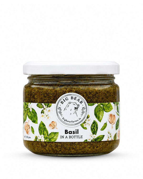 A jar of Big Bear Farms Basil in a Bottle pesto, featuring a white lid and a white label decorated with green basil leaves and orange garlic cloves, set against a plain white background.