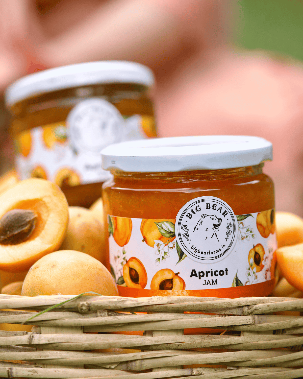Two jars of Big Bear Farms Apricot Jam displayed in a woven basket with fresh apricots, with a softly blurred outdoor background.
