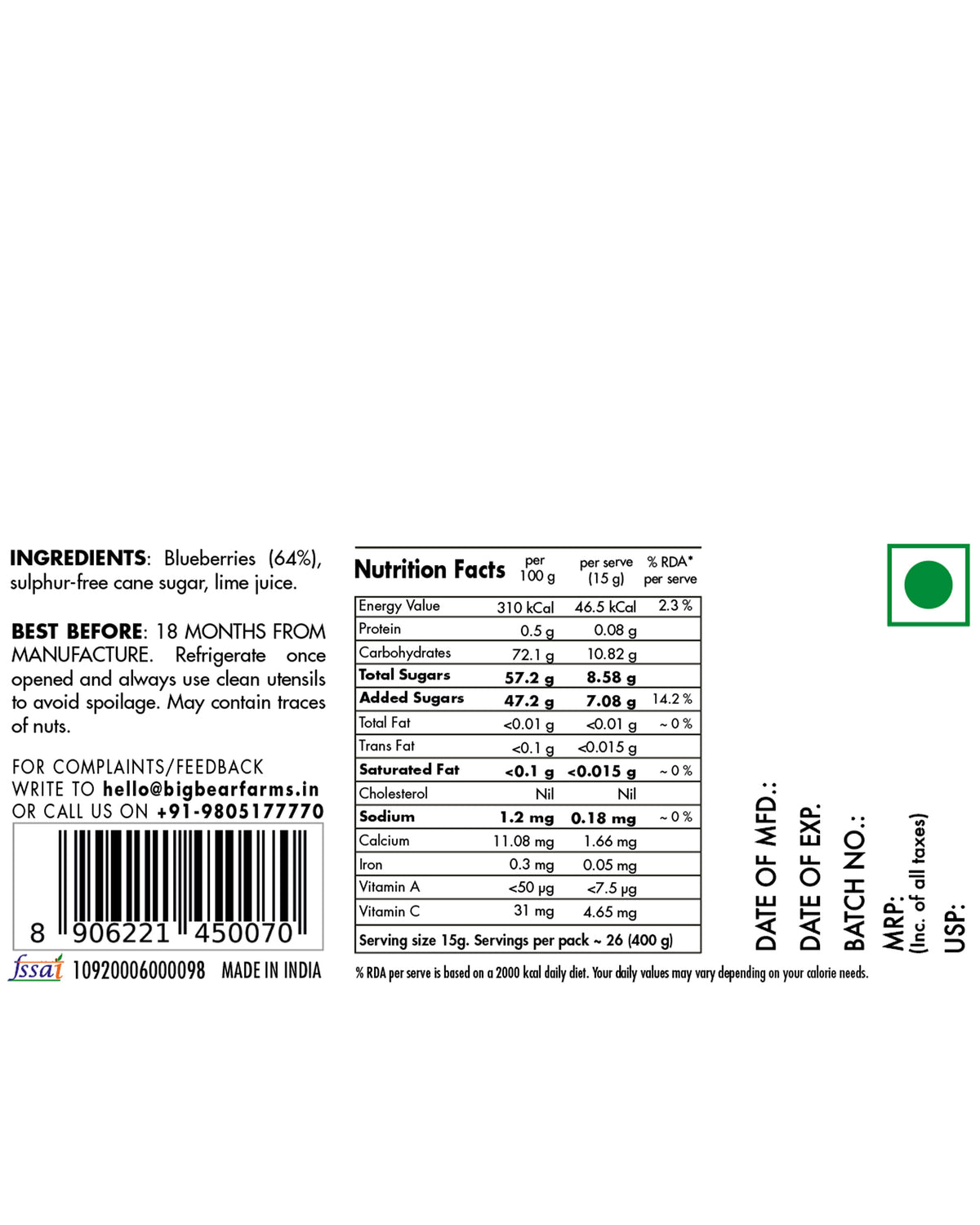 A product label for 'Blueberries' from the brand Big Bear Farms, showing nutrition facts, ingredients list, usage instructions, and a green logo on a white background.