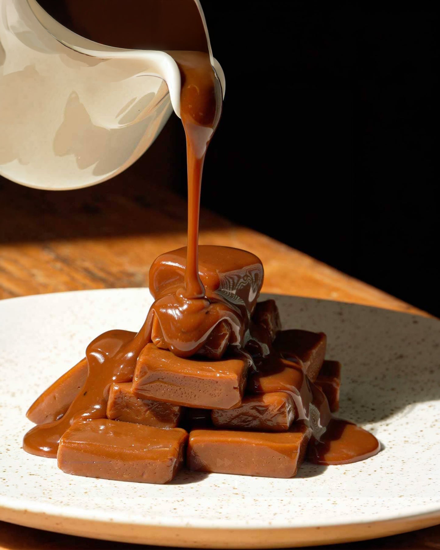 Caramel candies stacked on a speckled white plate, being drizzled with thick caramel sauce from a white pitcher against a dark background.