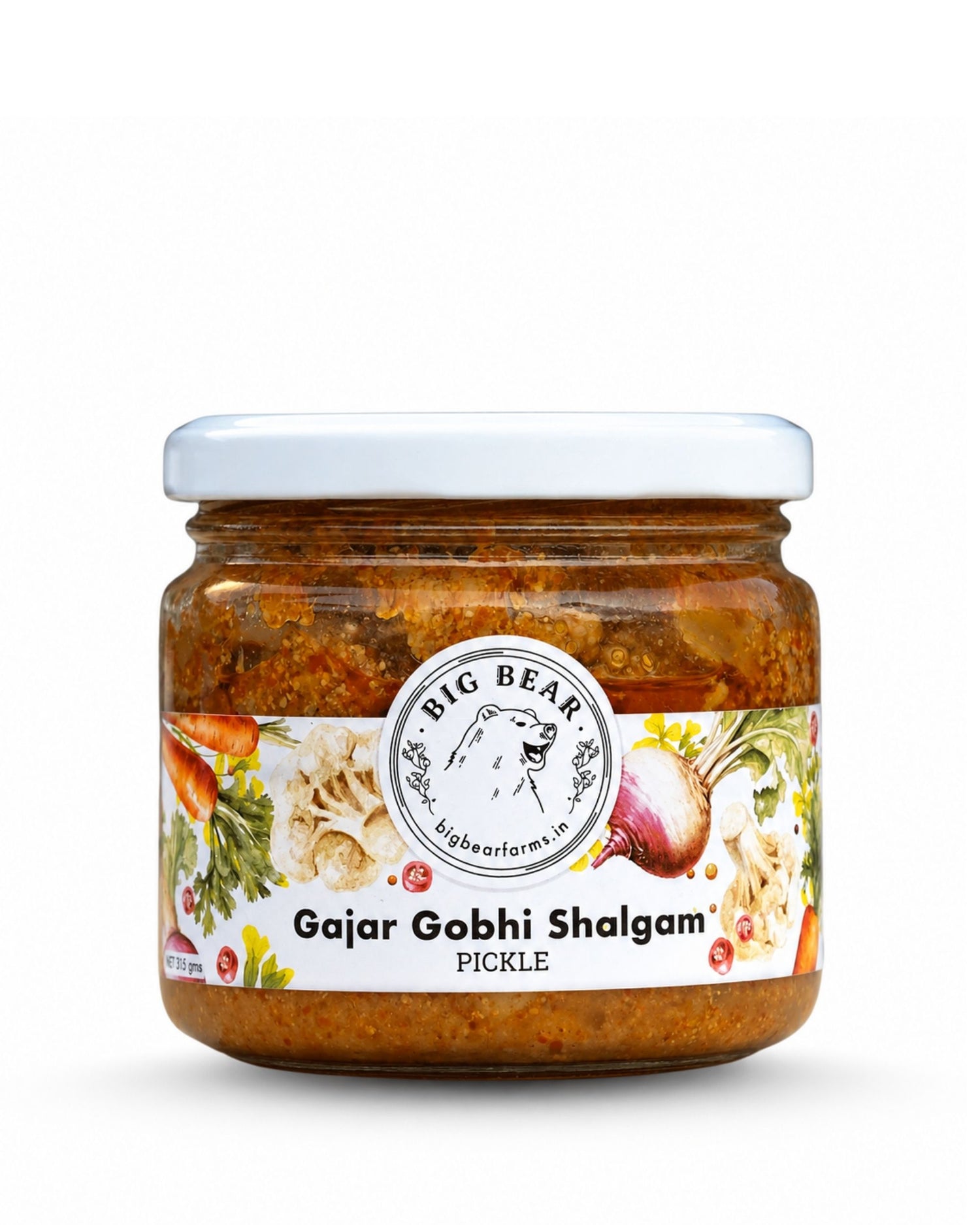 A jar of Big Bear Farms Gajar Gobhi Shalgam Pickle on a white background. Carrot Radish Cauliflower pickle. The clear glass jar shows the reddish-brown pickle inside, topped with a white lid and a white label featuring the brand logo and vegetable illustrations.