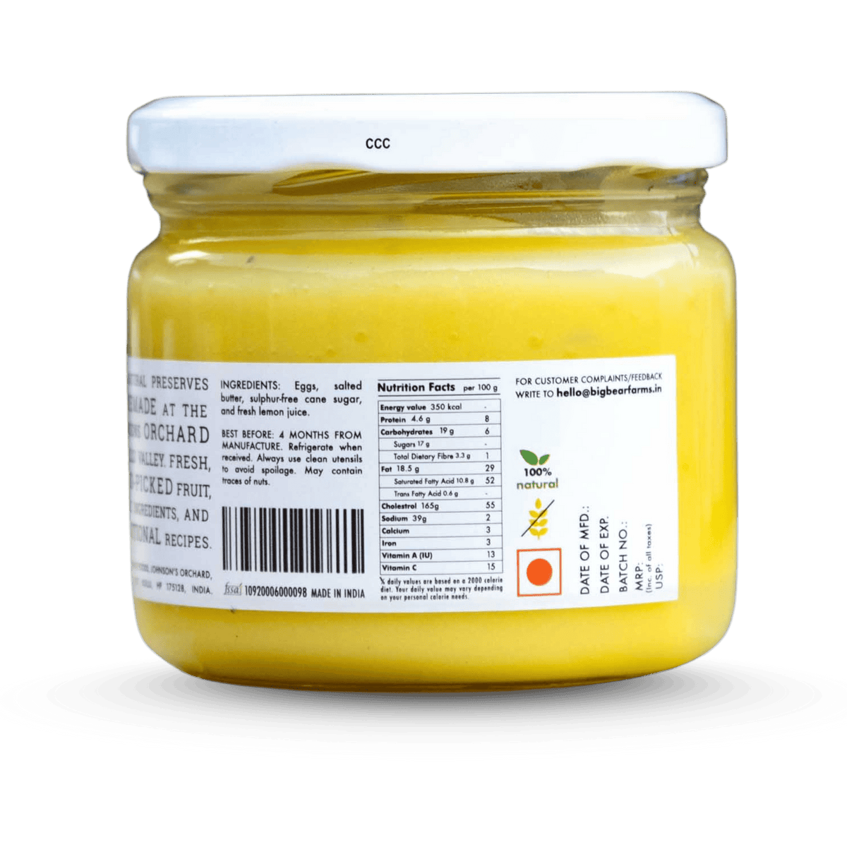 Lemon Curd Dessert Spread 315g - contains egg - Big Bear Farms