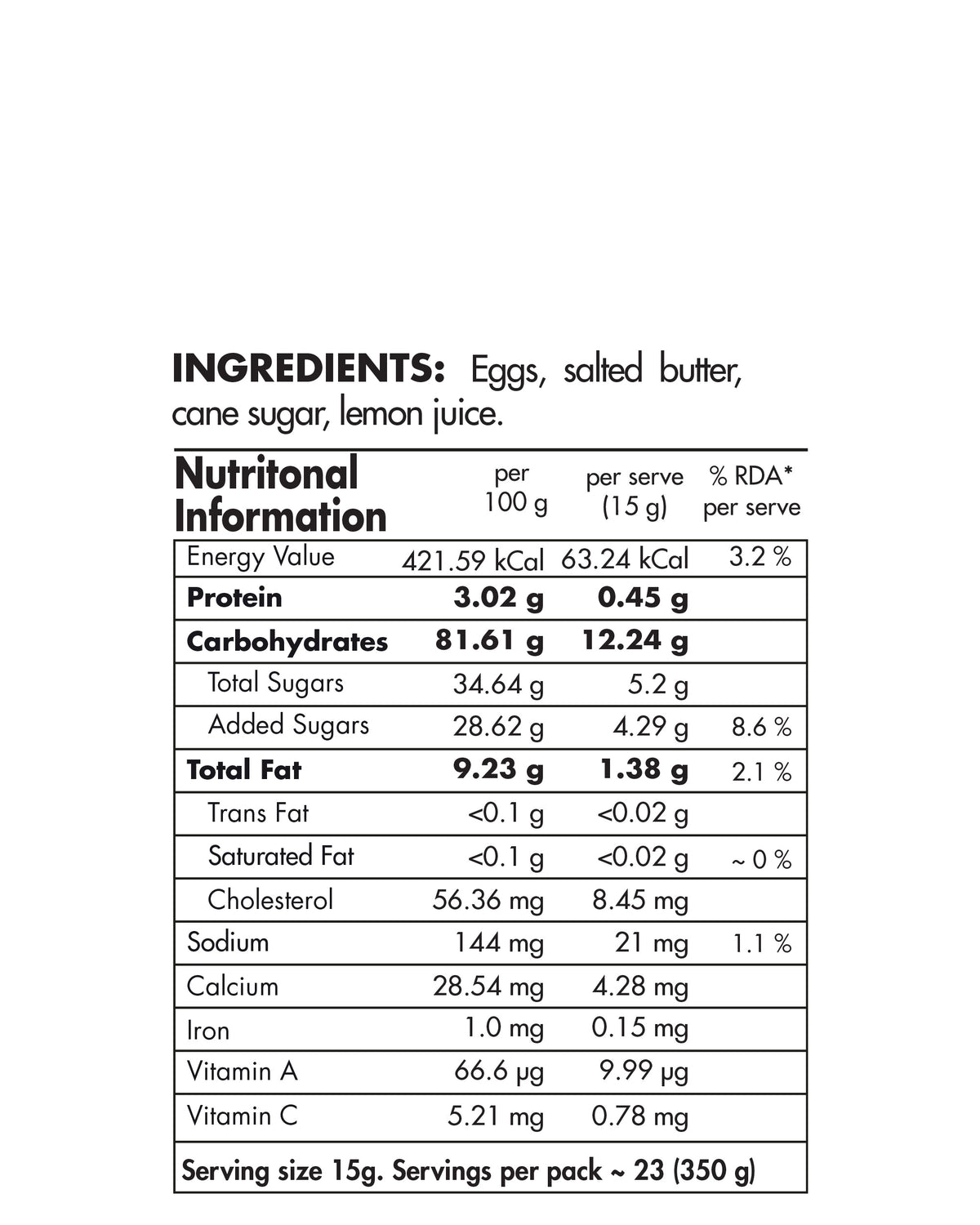 Lemon Curd Dessert Spread 315g - contains egg - Big Bear Farms