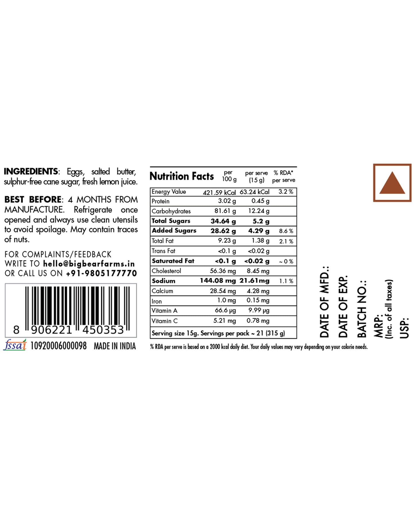 Lemon Curd Dessert Spread 315g - contains egg - Big Bear Farms
