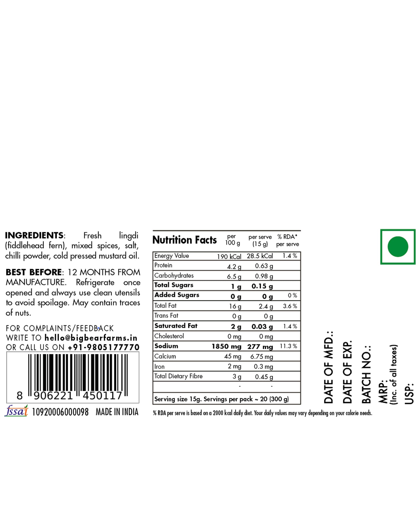 The back of a packaged food label for 'Fresh lingdi' Big Bear Farms Lingdi Pickle (fiddlehead fern pickle), mixed spices, chili powder, and cold pressed mustard oil. The label features a white background with black text, nutritional facts, ingredients, and a green USDA organic seal.