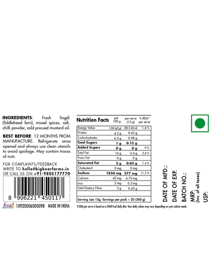 The back of a packaged food label for 'Fresh lingdi' Big Bear Farms Lingdi Pickle (fiddlehead fern pickle), mixed spices, chili powder, and cold pressed mustard oil. The label features a white background with black text, nutritional facts, ingredients, and a green USDA organic seal.