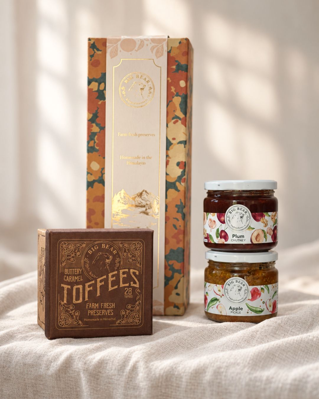 Marigold box of three - Buttery Caramel Toffee + Apple Pickle + Plum Chutney