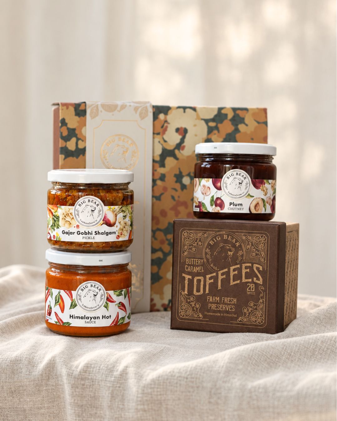 Marigold box of four - Buttery Caramel Toffee + Himalayan Hot Sauce + Gajar Gobhi Shalgam Pickle + Plum chutney