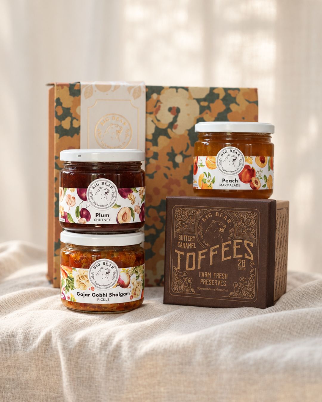 Marigold box of four - Buttery Caramel Toffee + Plum Chutney + Gajar Gobhi Shalgam Pickle + Peach Marmalade