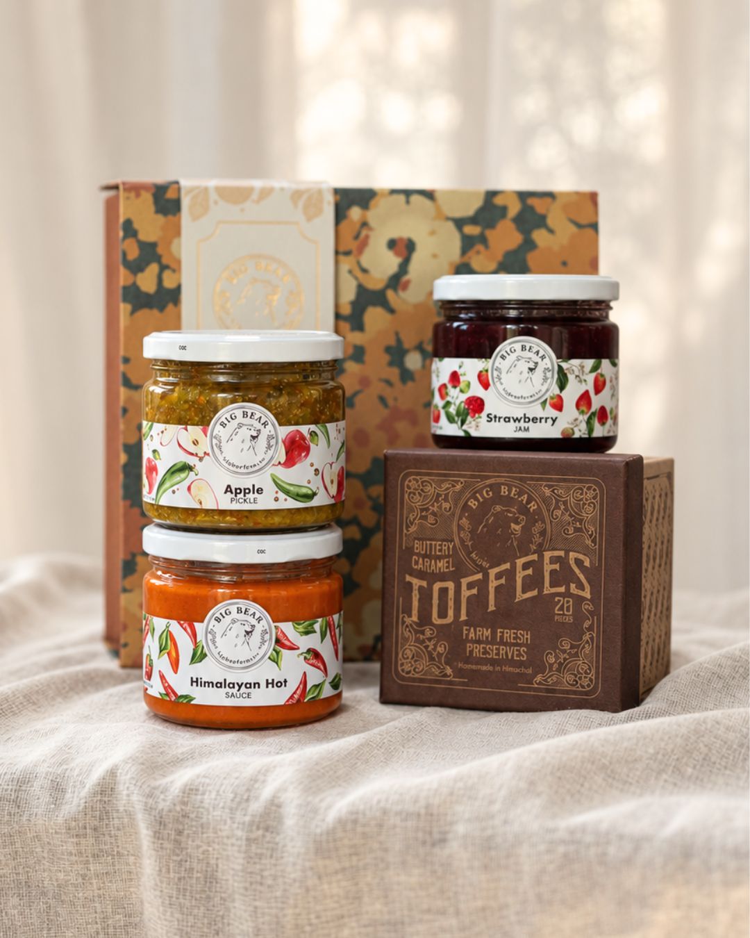 Marigold box of four - Toffee + Hot Sauce + Apple Pickle + Strawberry Jam