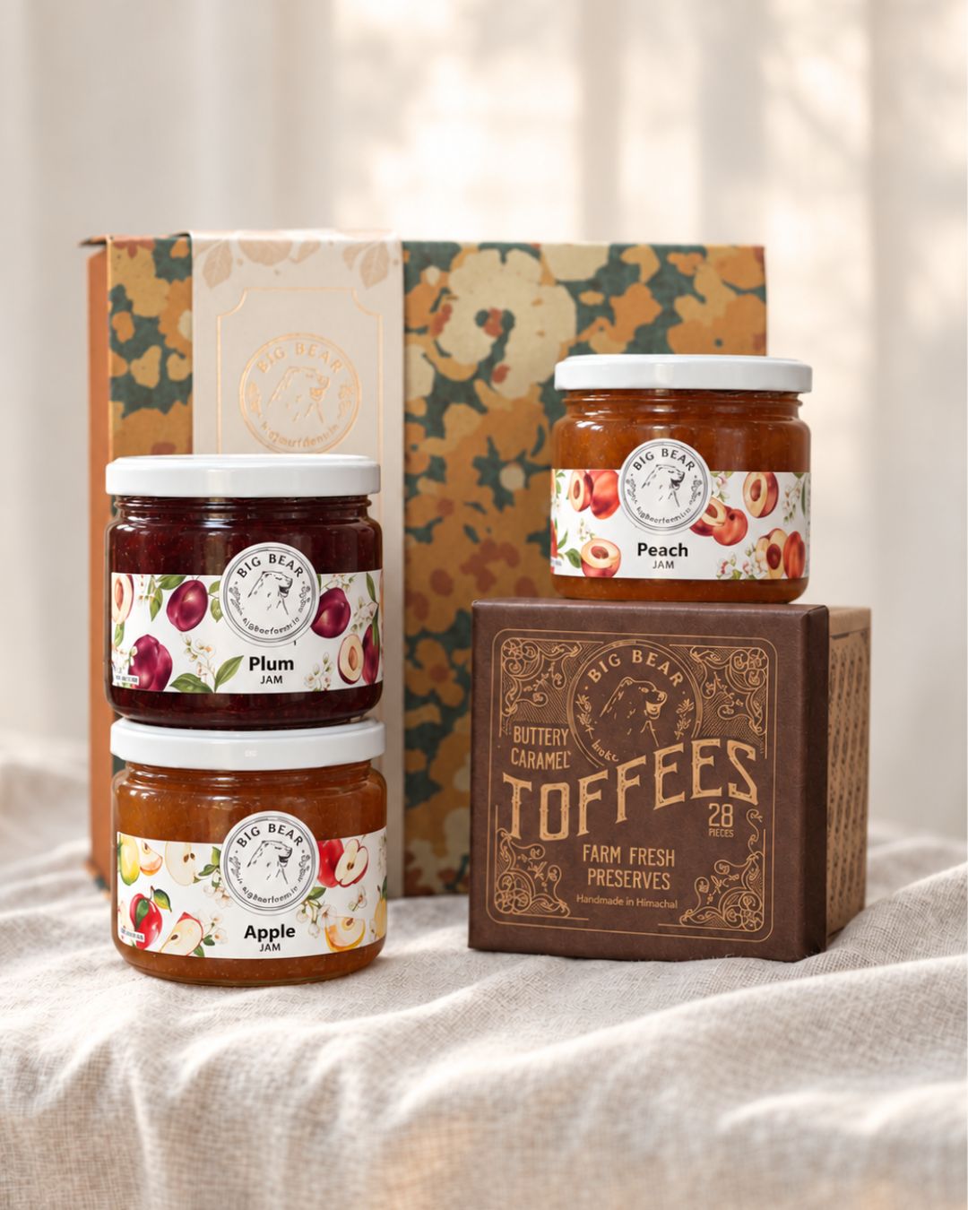 Marigold box of four - Buttery Caramel Toffee + Peach Jam + Apple Jam + Plum Jam
