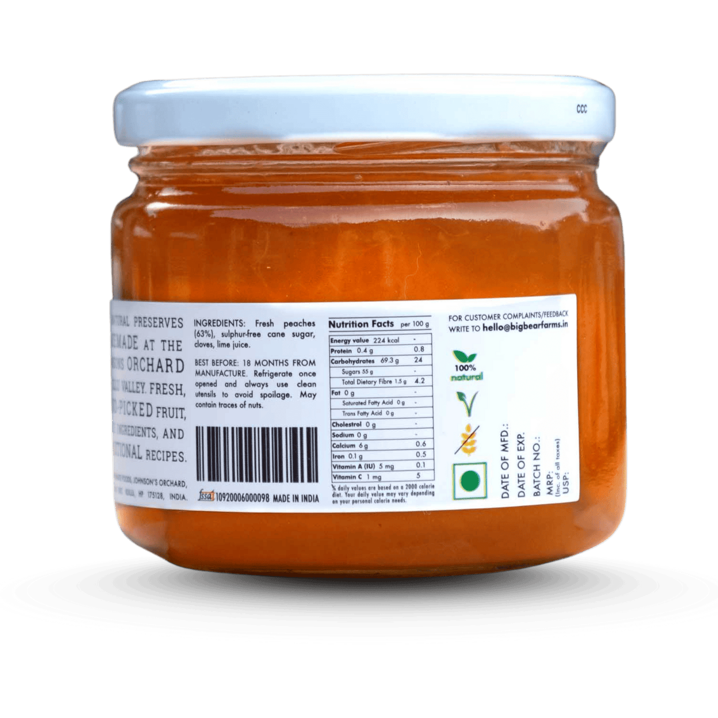 Peach Jam 350g - Big Bear Farms