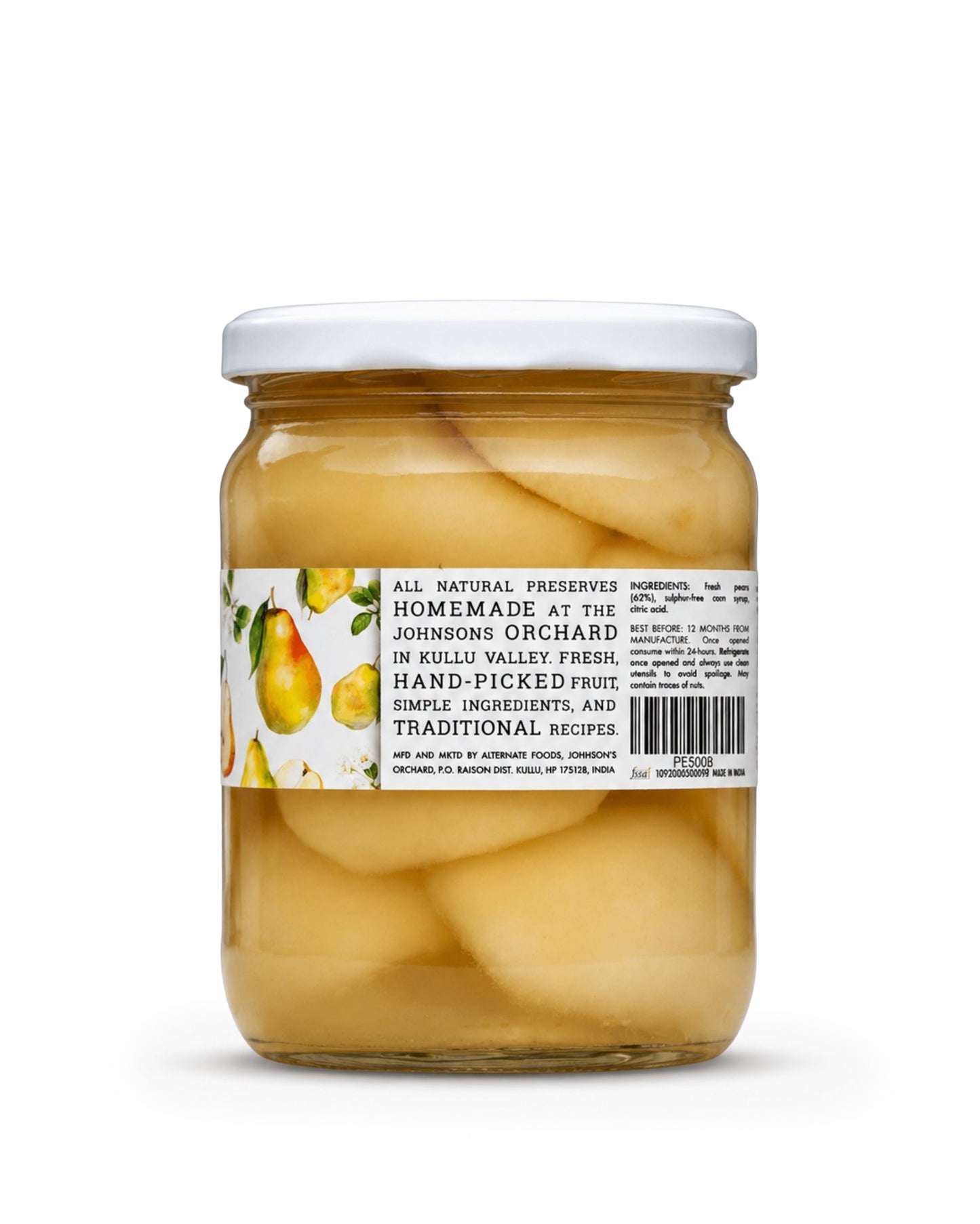 A glass jar of hand-picked Big Bear Farms pears in a bottle with a white lid and a white label featuring illustrations of pears, set against a plain white background.