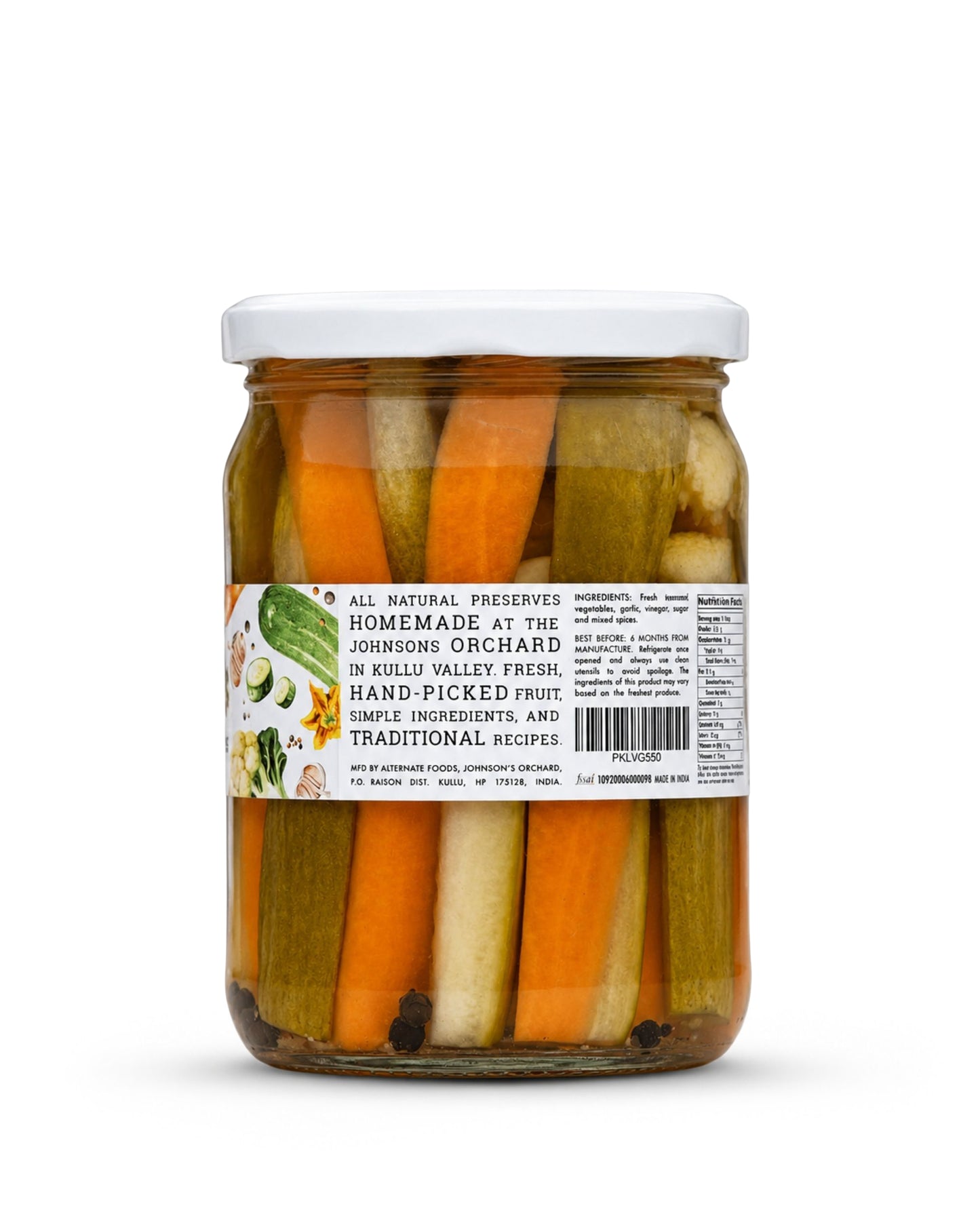 A glass jar of Big Bear Farms Pickled Vegetables in a Bottle, featuring visible carrots, cauliflower, cucumber and pickled greens inside, with a white lid and a white label.