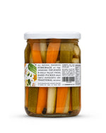 A glass jar of Big Bear Farms Pickled Vegetables in a Bottle, featuring visible carrots, cauliflower, cucumber and pickled greens inside, with a white lid and a white label.