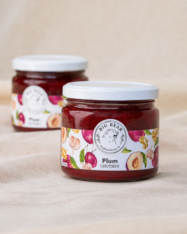 Two glass jars of Big Bear Farms Plum Chutney on a beige fabric background. The front jar is in sharp focus, showing the dark red chutney inside and a white label with fruit illustrations, while the second jar is softly blurred in the background.