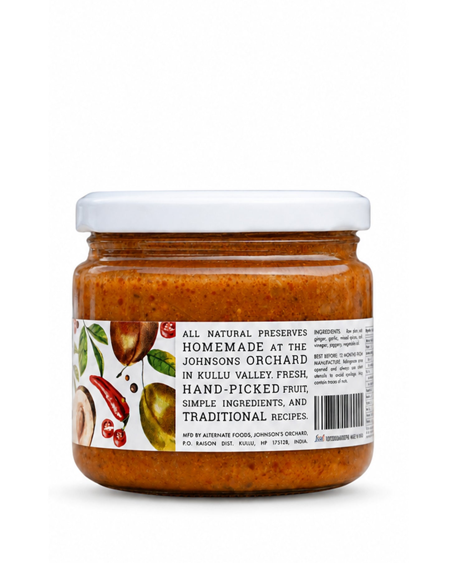 A glass jar of Big Bear Farms Raw Plum Pickle with a white lid and a white label featuring illustrations of plums and chili peppers, set against a plain white background.
