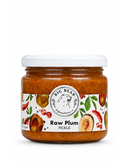 A jar of Big Bear Farms
 Raw Plum Pickle on a clean white background.