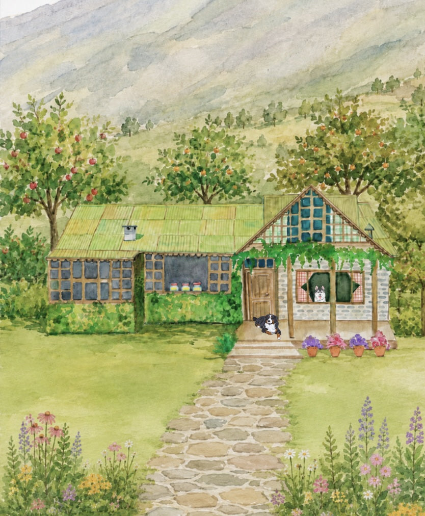 Watercolour illustration of the Big Bear Farms farmhouse in the Himalayan orchard