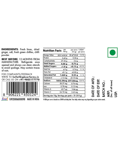 Packaging label for Big Bear Farms Homemade lemon pickle (nimbu achar) (315g) showing ingredients list, full nutrition facts, and barcode.